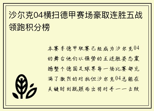 沙尔克04横扫德甲赛场豪取连胜五战领跑积分榜